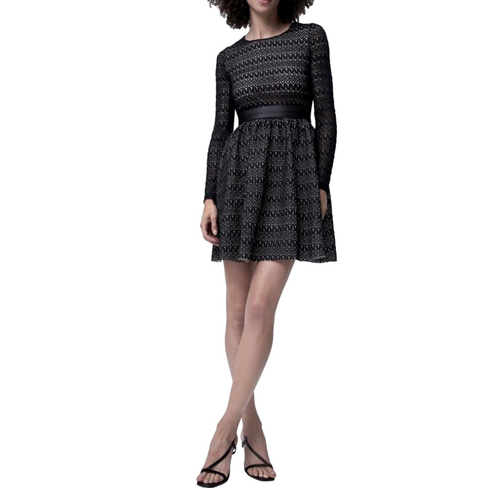🖤FRENCH CONNECTION sweetheart skirt floral lace crochet jersey fit flare dress